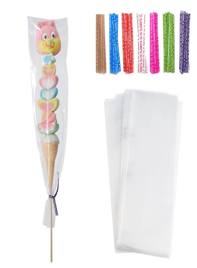 Tendwarm 100 Pcs 4x11 Inch Clear Long Cello Cellophane Treat Bags with 7 Mix Colors Twist Ties Perfect for Birthday Favor Candles Pretzel Icy Candy Popsicle - Image 1